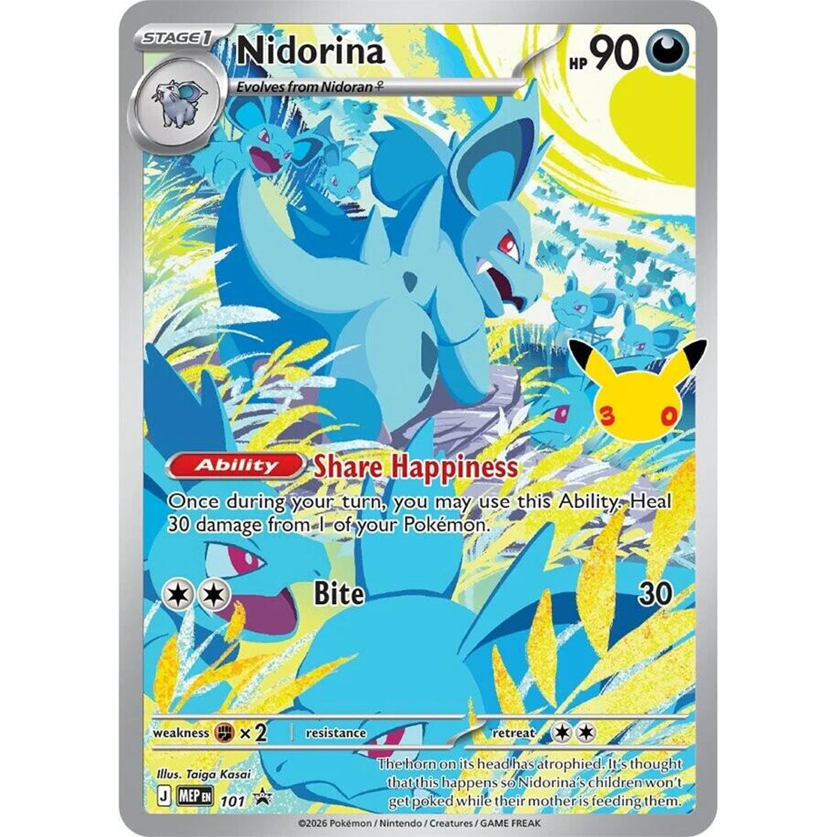 Nidorina 101 Mega Evolution promo Pokémon card with 30th Celebration stamp, Near Mint – Card Legends