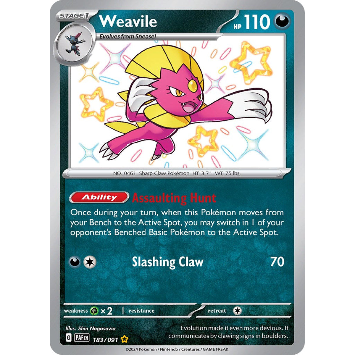 Shiny Weavile 183/091 Shiny Rare Pokémon card from Paldean Fates, Near Mint – Card Legends South Africa